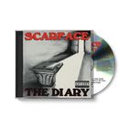 CD-Cover mit roten Texten "SCARFACE" oben und "THE DIARY" unten. Illustration eines Pults mit Buch im Schatten.