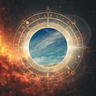 Kreisförmige, goldene Muster mit mystischen Symbolen über einem Himmel mit Wolken, umgeben von dunklem, orangefarbenem Weltraum.