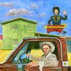 Ein Mann sitzt in einem Auto, trägt einen Cowboyhut. Im Hintergrund winkt eine Figur auf einem Schild.