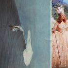 Links wellenförmige Struktur wie ein Wasserfall, rechts eine Frau in einem glitzernden rosa Kleid mit Zauberstab.