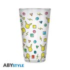 ABYSTYLE. Ein Glas, verziert mit bunten Symbolen: Blitz, Kreise, Dreiecke, Quadrate und gelben Köpfen mit Ohren.