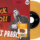 „El Rock and Roll de Elvis Presley“. Schwarz-weiße Abbildung von Elvis mit Gitarre auf rotem Hintergrund. Orange Vinyl-Schallplatte daneben.
