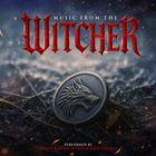 "Music from The Witcher", darunter ein Medaillon mit einem heulenden Wolf auf winterlichem Boden.