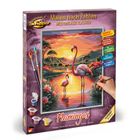 „Malen nach Zahlen“, „Meisterklasse Klassiker“. Flamingos im Sonnenuntergang, Pinsel und Farben auf der Verpackung.