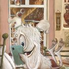 Ein pelziges Wesen liegt im Bett, lächelt auf ein Handy, während draußen ein Gebäude brennt.