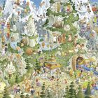 Ein humorvolles, detailreiches Wimmelbild zeigt eine geschäftige, alpine Szene mit vielen Figuren, Tieren und Aktivitäten.