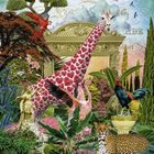 "Weimar" und "geographischen Instituts" oben. Ein surrealer Garten mit Giraffe, Leopard, Papagei und goldener Architektur.