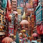 Stadt mit bunten, skurrilen Gebäuden; Menschen mit Regenschirmen; kunstvolle Herbstszene.