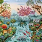 Illustration: Dichte, bunte Vegetation mit Tieren wie Giraffe, Elefant, Löwe und exotischen Vögeln an einem Fluss.
