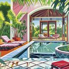 Zwei Liegestühle mit pinken Kissen neben einem Pool, umgeben von vielen grünen Pflanzen. Im Hintergrund Türen.