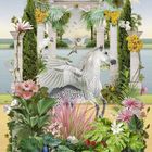 Eine Illustration zeigt einen geflügelten weißen Pegasus vor antiken Säulen und vielen bunten Pflanzen.