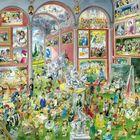 Eine bunte Illustration eines belebten Kunstmuseums mit zahlreichen berühmten Gemälden und Skulpturen.