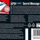 "Spy Labs Secret Message Tools." Text in mehreren Sprachen über geheime Detektivnachrichten. Illustrationen von Stiften und Papier.