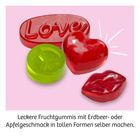 Leckere Fruchtgummis in Herz-, Lippen- und anderen Formen. Texte: "Love"; Erdbeer- oder Apfelgeschmack.