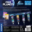 "FOUR PLANETS" in Großbuchstaben, Spielfiguren und Karten darunter, planetarisches, futuristisches Thema mit kosmischem Hintergrund.