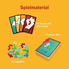 "Spielmaterial: 25 Karten mit 200 Leveln, 1 Ubongo-Box, 15 Legeteile." Farbige Karten, Legeteile in Blau, Rot, Gelb, Grün.