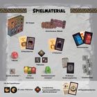 Text: Spielmaterial. Inhalte: 3D-Tempel, Raumkarten, Aktionskarten, Würfel, Tür- und Herausforderungskarten.