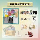 Text: SPIELMATERIAL.
Zeigt eine Übersicht der Spielbestandteile, darunter ein Spielplan, Karten und Plättchen.