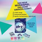 „Das neue Musikspiel, das keine Grenzen kennt!“ Farbige Dreiecke im Hintergrund, Karten- und Box-Design sichtbar.