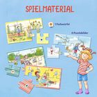 "SPIELMATERIAL", "1 Farbwürfel", "4 Puzzlebilder". Illustration mit Kindern, die Puzzles bauen und draußen spielen.