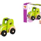 Grüner Spielzeugtraktor mit schwarzen Rädern. Die Verpackung zeigt das Logo „Eichhorn“ in Lila und Orange.