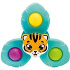 Text: Ravensburger.  
Beschreibung: Ein dreiblättriges Spielzeug mit bunten Knöpfen und einem lächelnden Tiger in der Mitte.