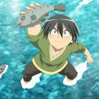 Illustration eines lächelnden Jungen im Wasser, der einen Fisch hält. Um ihn fliegen weitere kleine Fische.