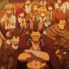 Eine Gruppe von Anime-Charakteren, viele haben ernsthafte oder besorgte Ausdrücke. Einige tragen Rüstungen oder Schuluniformen.
