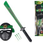 „Nex Ninja“ und „LIGHT SOUND“; Spielzeugset mit grün-schwarzem Schwert und Maske. Verpackung zeigt Produktdetails.