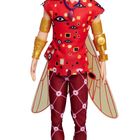 Puppe mit violettem Haar, rotem Oberteil, bunten Mustern, goldenen Armstulpen und Flügeln.