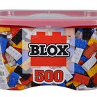 „Blox 500“ steht auf einem Eimer mit bunten Bausteinen und rotem Deckel.