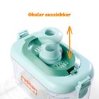 Text: "Okular ausziehbar" in orange. Ein türkisfarbener Behälter mit ausziehbarem Okular und orangefarbenem Doppelpfeil.