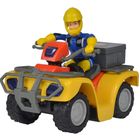 Spielzeugfigur in gelbem Helm auf einem gelben Quadbike, steuernd; trägt blaue Kleidung.