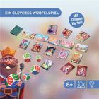 "EIN CLEVERES WÜRFELSPIEL", "Mit 12 neuen Karten!", bunte Karten, Würfel, Zeichnung eines Königs mit Krone und Stab.