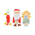 Illustration: Eine Ente mit Mütze, ein Weihnachtsmann mit Geschenk, und ein lächelnder Engel mit goldenen Flügeln.