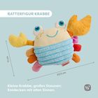 "Ratterfigur Krabbe", "Kleine Krabbe, großes Staunen: Entdecken mit allen Sinnen." Ein Plüschtier in Krabbenform mit bunten Farben.