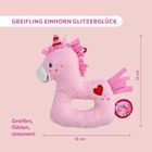 „GREIFLING EINHORN GLITZERGLÜCK“ und „Greifen, fühlen, staunen!“ Ein pinkes Plüschpferd mit Herzmotiv, 12x12 cm.