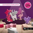 Text: "EIN PINKER STAPELSPASS", "exklusiv online", 4+, für 2-4 Spieler, 15 Minuten. 
Holztiere in pinken Tönen stapeln sich.