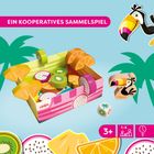 Text: "Ein kooperatives Sammelspiel". Ein Karton voller bunter Holzobststücke. Ein Würfel, Palmen, und ein Papagei sind zu sehen.