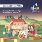 "Unsere große Farm. Bauspaß und lebendige Geschichten erleben." Blockspielzeug-Farm mit Figuren und Tieren.