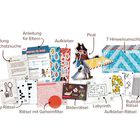 Ein Set mit: Einladung zur Schatzsuche, Anleitung für Eltern, Pirat, Aufkleber, Puzzles und sieben Hinweisumschlägen.