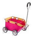 Kein Text vorhanden. Ein pinker Handwagen mit gelben Akzenten, vier Rädern und einem schwarzen Griff.