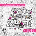 Ein Memo-Laufspiel mit farbigen Symbolen und Spielfiguren, geeignet für 2-4 Spieler ab 4 Jahren, Spieldauer 15 Minuten.