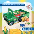 „Ein pfiffiges Drehwürfel-Spiel“; Illustration: grüner Wagen mit Bauernhof-Themen, Kürbis und Mais, geeignet ab 2 Jahren.