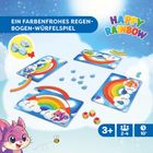 "Ein farbenfrohes Regenbogen-Würfelspiel. Happy Rainbow. 3+, 2-4 Spieler, 10 Minuten." Bunte Karten mit Regenbogen.
