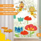 Text: "BASTELSET: FENSTERBILD DIE BIENE MAJA". Illustration von zwei fröhlichen, fliegenden Bienen und bunten Blumen.