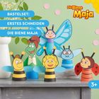 Bastelset: Erstes Schneiden, Die Biene Maja. Sechs bunte, stehende Tierfiguren aus Papier, darunter eine Biene und ein Schmetterling.