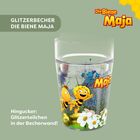 Text: "Glitzerbecher Die Biene Maja. Hingucker: Glitzerteilchen in der Becherwand!" Becher mit Maja und Willi, bunten Blumen.