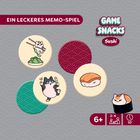 "Ein leckeres Memo-Spiel" und "Game Snacks Sushi". Bunte, runde Karten mit Katzen-Sushi-Motiven auf grauem Hintergrund.