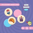 Text: "Ein leckeres Memo-Spiel", "Game Snacks Sweets", "6+", "2-4", "10’". Illustration mit Eis, Croissant, Bubble Tea.